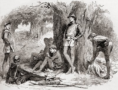 Una escena de la obra de William Shakespeare Como Gustéis, Acto II, Escena 5, Amiens: Bajo el árbol verde quien ama acostarse conmigo, y convertir su alegre nota en la garganta del dulce pájaro. Ven aquí, ven, de Las Obras de William Shakespeare de Gordon Frederick Browne